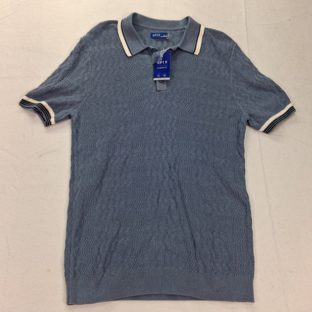Apt. 9 Polo Shirt Mens S Standard Fit Modern Luxe Blue Wavy Textured NEW